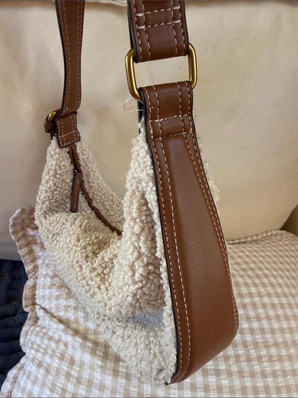 Zara Cream Sherpa Shoulder Bag with Brown Strap - Picture 2 of 5